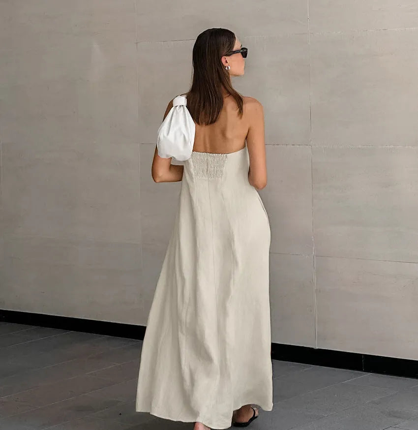 French Style Khaki Cotton Linen Tube Top Vacation Style High Waist Dress - Bellarte Enchanté French Style Khaki Cotton Linen Tube Top Vacation Style High Waist Dress
